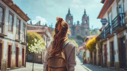 Tourism in Spain. Young woman from the back in spring clothes looking Santiago de Compostela Cathedral in Spain, Europe.