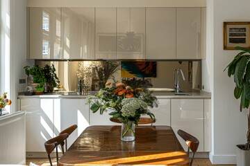 Interior of modern kitchen with dining table and flower vase.