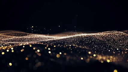 Leinwandbilder - A wave of glowing, gold particles flows across a black background.