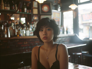 Indonesian women sat in a pub, short black hair, beautiful, edgy fashion style, photograph