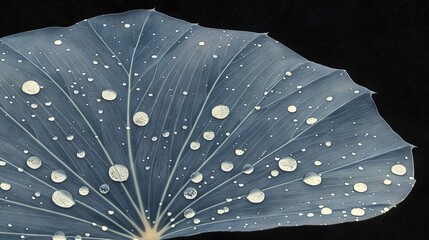 Sticker -   A high-resolution image of a large blue umbrella with water droplets on its underside against a dark background