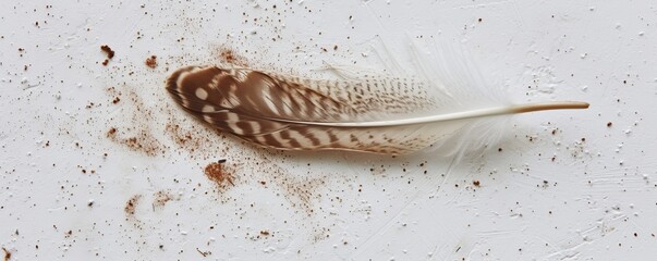 Single brown and white feather on textured white surface, natural and minimalistic concept