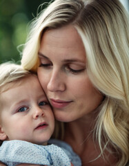 Wall Mural - A mother lovingly gazes at her infant baby, holding the child close in her arms. Cute infant child is calm. Love of mother and child. Happy childhood. Family relationships, motherhood and fertility.