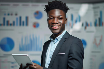 Wall Mural - A man wearing a suit and glasses is holding a tablet.