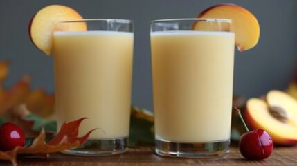   A wooden table with two glasses of milk, three apples and three leaves