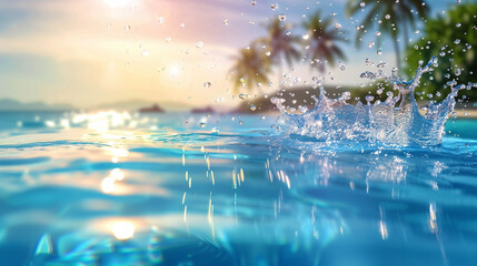 Wall Mural - Splashing water in the swimming pool close-up with a blurred sunny beach background 