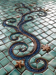 Wall Mural - A mosaic tile floor featuring a swirling, sea-themed pattern