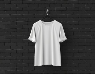 Wall Mural - An empty white t-shirt on a hanger against a black brick wall, in a modern presentation concept.