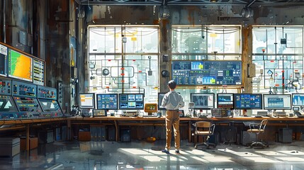 Wall Mural - Impressive portrayal of a control room with advanced monitoring systems, highlighting the critical role of technology in industrial processes. Watercolor style, high resolution Illustration, in the