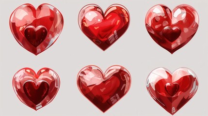 Poster - Six red heart illustrations, each with a slightly different style, displayed on a white background. Generative AI