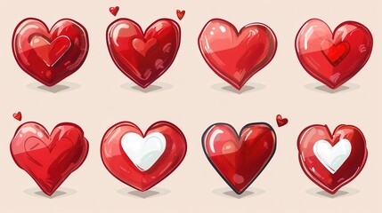 Poster - A collection of eight red heart illustrations with different styles and poses. Generative AI