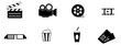 © Nicolas - Iconos de cine en blanco y negro.  Silueta de claqueta, proyector, cinta, fotograma, lentes 3D, pochoclo, gaseosa y boletos para sitio web, tienda virtual, app y grafica.