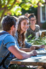 Happy college friends surfing the net on laptop at campus
