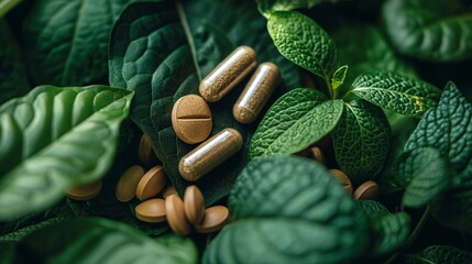 Top view of herbal capsules on leaf and tree for healthy eating