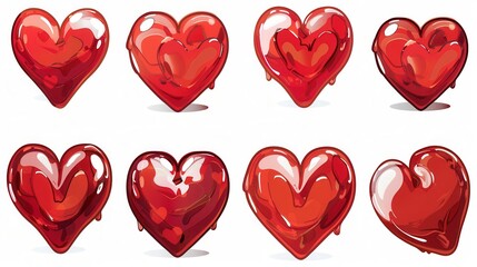 Poster - Eight red hearts in various poses, designed in different styles. Generative AI