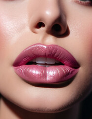 A close-up of a woman's lips, featuring shimmering pink lipstick that adds a touch of sparkle. The lips are slightly parted, revealing a glimpse of white teeth. Sensuality and sexuality. AI generated