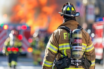 Back of Firefighter in protective gear standing in front of burning building with blurred background