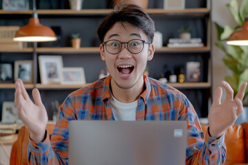 An enthusiastic young male in casual attire seated at his home office desk.