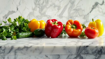 Wall Mural - Fresh red, orange, and yellow bell peppers, cucumbers, and tomatoes arranged on a marble countertop