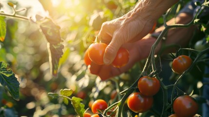 Poster - A close-up image of a farmer's hands harvesting ripe red tomatoes from a green vine in a well-tended garden