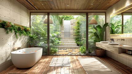 Wall Mural - A serene bathroom with a tropical design, featuring lush plants, vibrant textiles, and natural materials for a relaxing and exotic retreat. Watercolor style, high resolution Illustration, in the