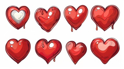 Poster - Eight red hearts with dripping red paint in different styles. Generative AI