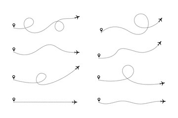 Airplane line path routes. Travel from start point and dotted line tracing. Plane routes flight air dotted. Aircraft route dotted lines. Plane and track icon on a white background.