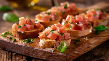 Sticker - Delicious bruschetta with turkey ham, basil, and olive oil, arranged on a wooden board