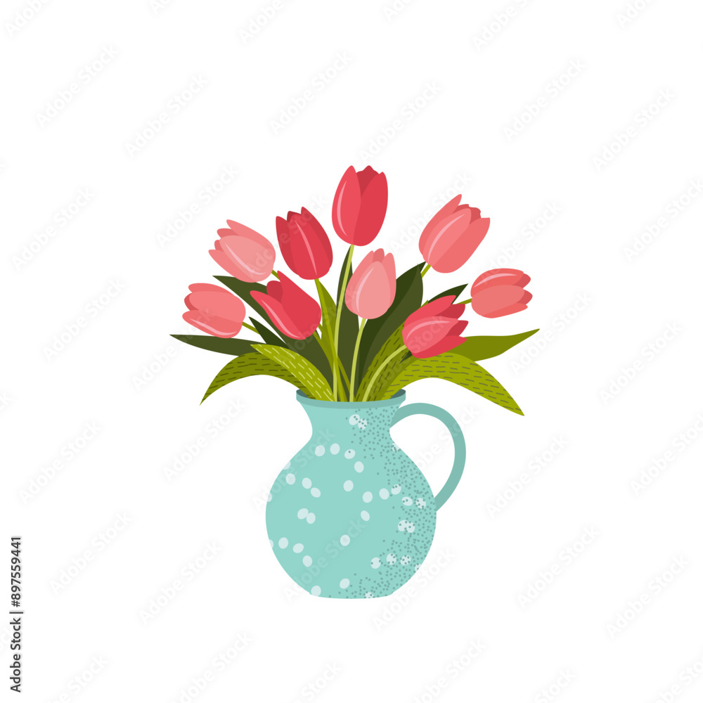 Bouquet of different tulips. Spring flowers in vase. isolated vector ...