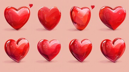 Poster - A collection of eight red heart illustrations with different styles and poses, arranged in two rows on a light pink background. Generative AI