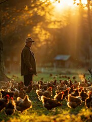 Wall Mural - A farmer stands in a field of chickens at sunset. AI.