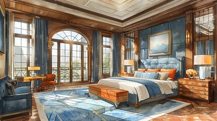 Wall Mural - A luxurious bedroom with an art deco design, featuring elegant furniture, rich colors, and bold geometric patterns for a glamorous and sophisticated retreat. Watercolor style, high resolution