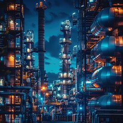 Canvas Print - An industrial complex lit up at night. AI.