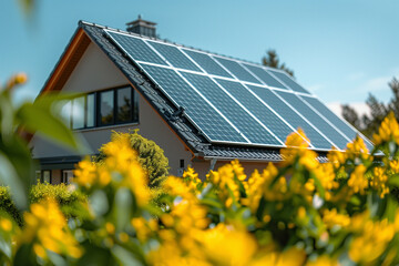 Home with real solar panels, sunny sky, bright yellow sun, renewable energyy