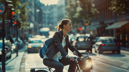 Wall Mural - A professional woman on a bike navigates through bustling city streets, showcasing the blend of urban lifestyle and sustainable commuting.