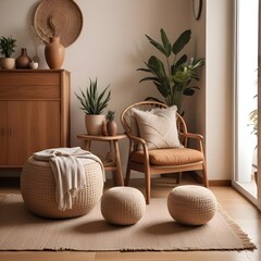 A modern living room with a puff and a big chair in natural colors - interior design - magazine style photoshoot..