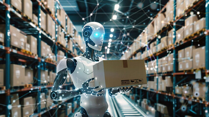 Futuristic Technology robot and warehouse concept: robots hand holding delivery box, with white glowing delivery van on background, Products Delivery Infographics