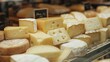 © AndreyFrol - Assorted cheeses such as parmesan, camembert, cheddar in the refrigerated counter of a supermarket or store, illuminated by light from a window display.