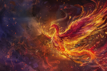 Wall Mural - the moment of a phoenix rebirth, with the mythical bird emerging in a blaze of flames and ash - gene