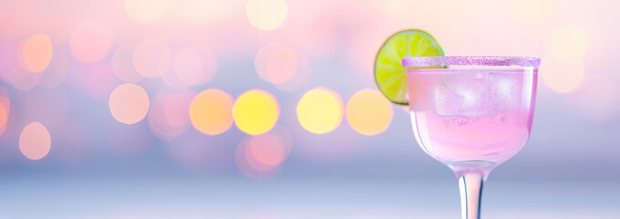 Glass of pink cocktail with lime slice and ice on a blurred pastel background. Bar and beverage concept. Image for menu, poster, and social media. Banner with copy space.