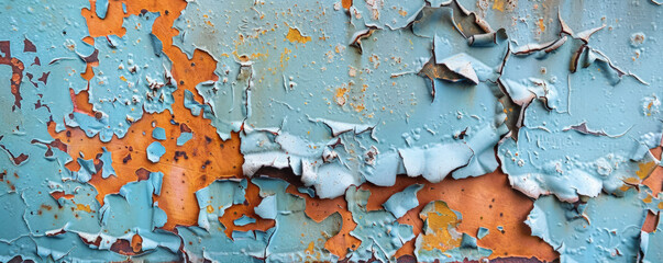 Close-up of an old metal surface featuring peeling paint and rust, showcasing intricate patterns and textures in a grunge style.