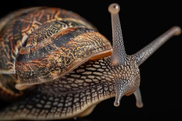 Detailed macro shot of a snail highlighting intricate shell patterns and textures against a black backdrop