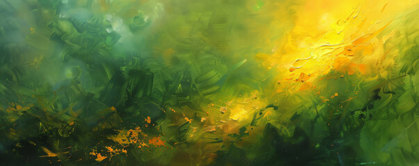 An abstract oil painting with luminous yellow and green textures. The glowing colors flow together, creating a bright and lively composition that emphasizes the depth and texture of the oil paint.