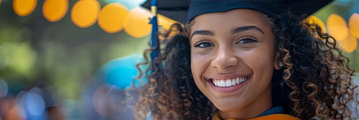 Wall Mural - Excited graduate in cap and gown, smiling with pride and happiness on graduation day