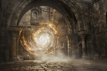 Wall Mural - a time rift opening in a medieval castle courtyard, blending the historical setting with the sudden 