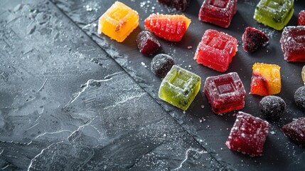 Canvas Print - Vegan Dessert Presentation Raw Fruit Candies on Slate Concrete Background