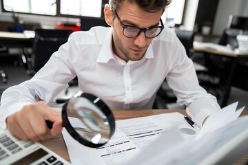 Wall Mural - Beautiful businessman carefully inspecting invoice using a magnifying glass at desk.