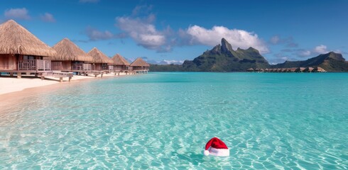 Canvas Print - Tropical Beach Resort With Christmas Hat