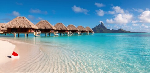 Canvas Print - Tropical Beach Resort With Christmas Hat