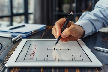 Fototapete - Beautiful close-up of a businessperson's hand elegantly filling a checklist form on a digital tablet.
